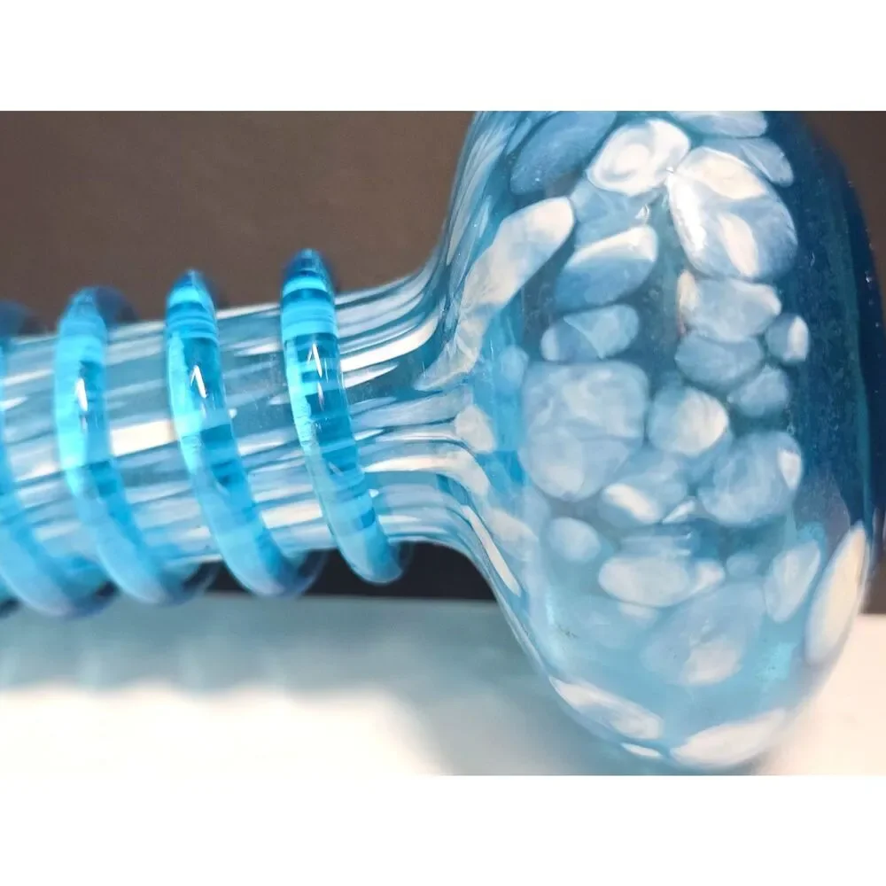 Vtg. Blue White Spatter Art Glass Bud Vase Applied Glass Wrap Hand Blown Ruffle